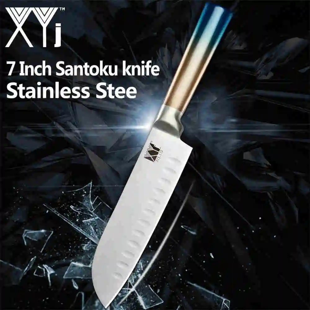 7 santoku knife XYj набор кухонных ножей для приготовления пищи из нержавеющей стали с высокоуглеродистой сине-желтой ручкой острое лезвие, поварской нож 8 ''подставка для ножей - Цвет: 7 santoku knife