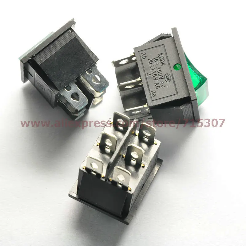 PHISCALE 10 шт./лот 6 контактов 16 А 250 В Зеленая кнопка со световым переключателем KCD4 202