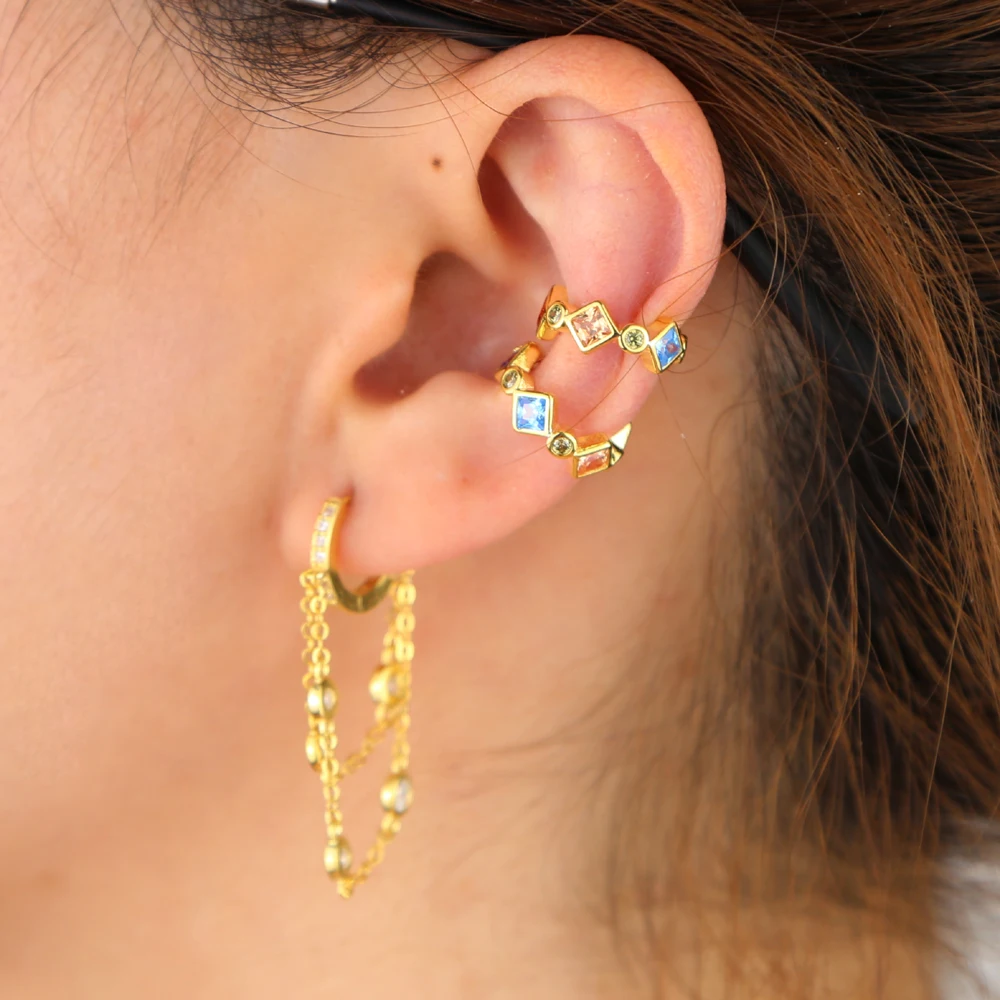 Новое поступление цветные женские серьги манжеты с фианитами позолоченные