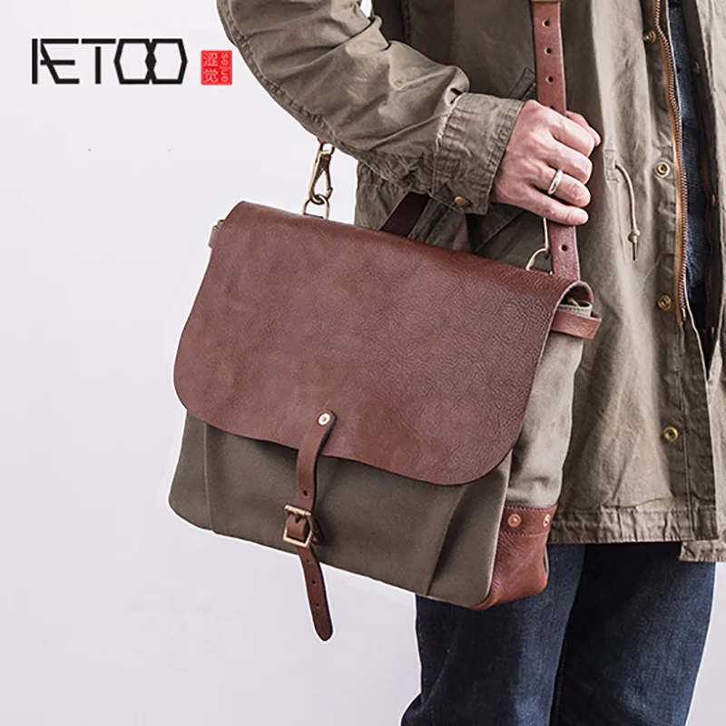 AETOO vintage canvas handbag American castrated cowhide with retro postman male crossbody Bag |