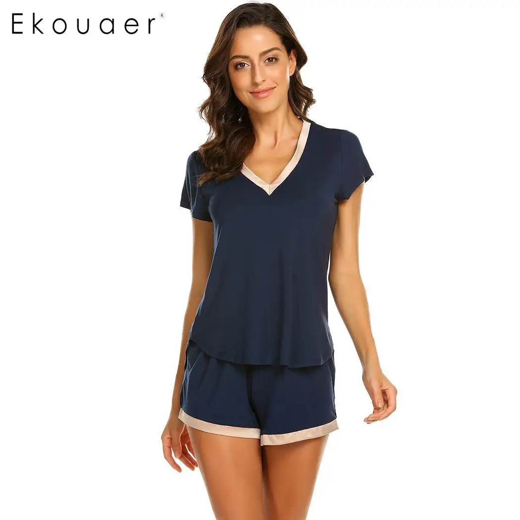 Ekouaer, женская пижама, пижама, набор, чистый цвет, круглый вырез, короткий рукав, кружево, пэчворк, вискоза, пижама, Летнее белье, пижама