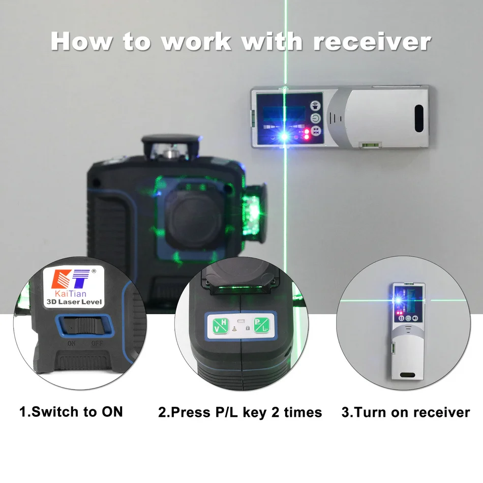 KaiTian 3D Laser Level 360 Powerful 532nm 12 Lines Self-Leveling Horizontal Vertical Green 3D Line Lazer Level Lasers Receiver