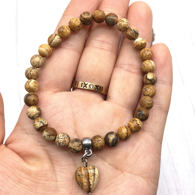 Heart Charm Bracelet 6 mm Nature Picture Jaspers Stone Bead Women Bracelets Girls Gift New Jewelry | Украшения и аксессуары