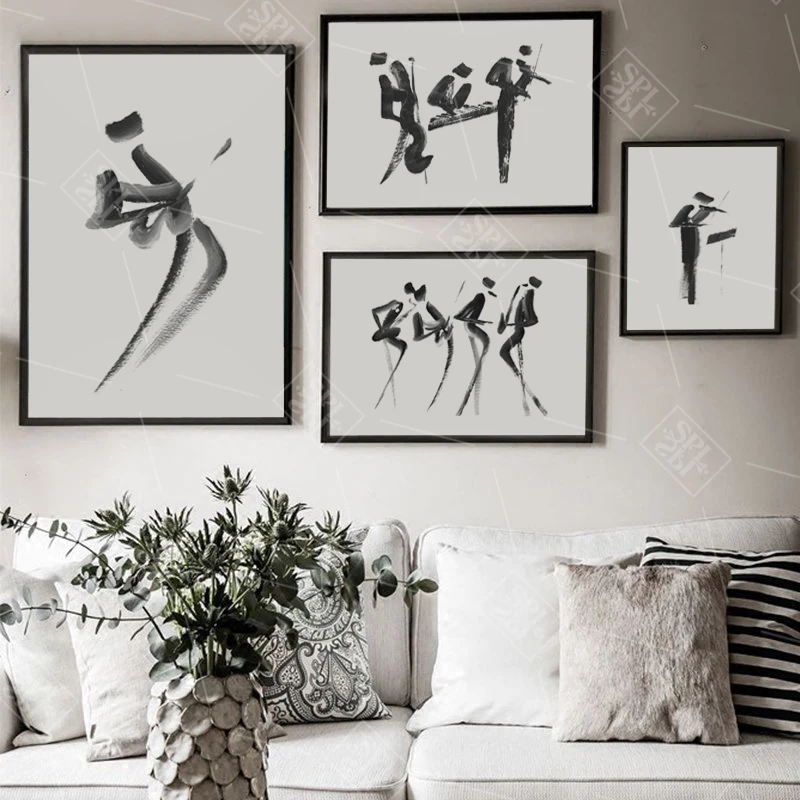 

Black and White Canvas Painting Abstract Music Playing Team Artwork Hd Print Poster Home Decoration Wall Picture for Living Room