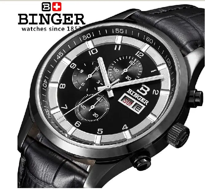

Switzerland watches men luxury brand Wristwatches BINGER Quartz full stainless leather strap steel waterproof 300M BG-0403-4