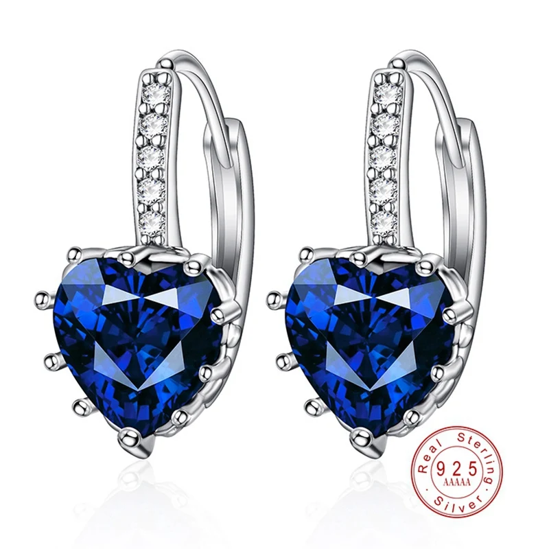 Blue Роскошные красочные браслет в виде сердца, настоящее чистое 925 пробы, серебряные ювелирные изделия, AAA кубический цирконий, Кристальные серьги, модные женские любимые серьги - Окраска металла: Blue