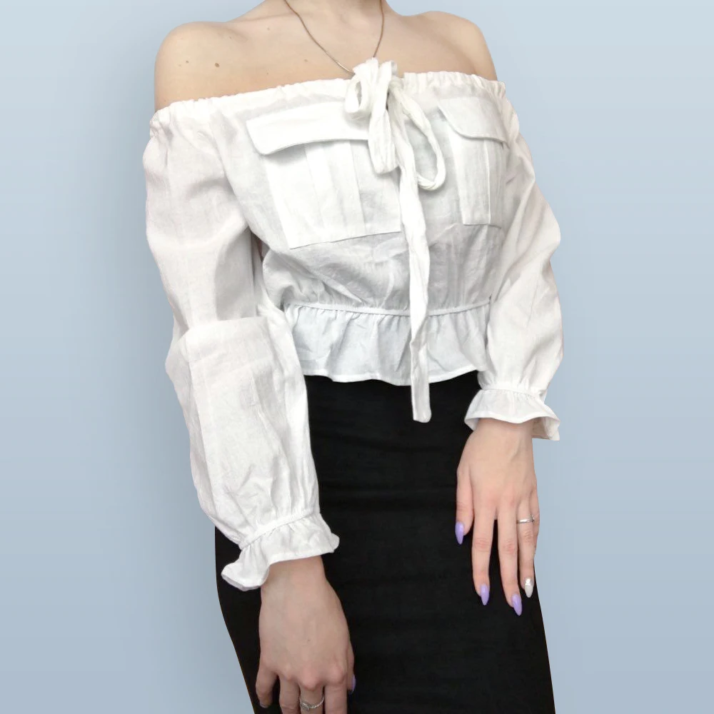 

Ruffle Crop Top Off Shoulder Long Sleeve Sexy Korean Spring Boho Bow Tunic Yellow White Green Pink Short Blouse Women Shirt