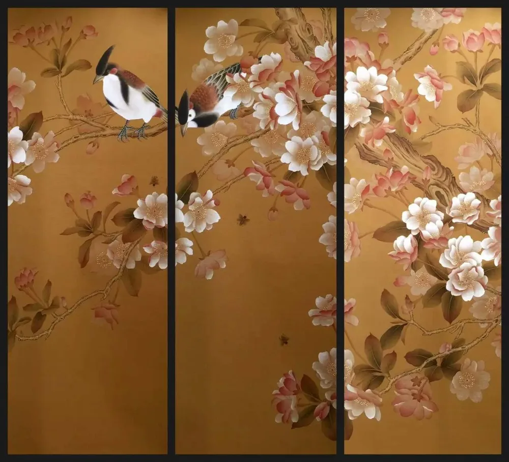 Фото Ручная роспись шелковые обои картина цветок с птицами ручная много картин/фонов