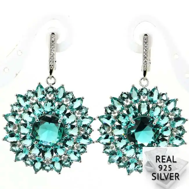 Real 14.8g 925 Solid Sterling Silver New Designed Star Shape Rich Blue Aquamarine Woman's Earrings 50x33mm