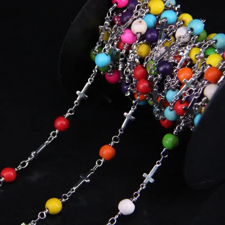 5 м/лот разноцветная Бирюза с круглыми бусинами цепь в стиле розари посеребренным