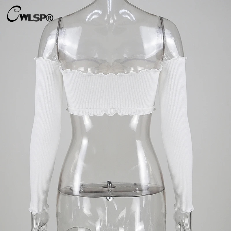 

CWLSP Off Shoulder Long Sleeve 100% Cotton Women T Shirts Sexy Bow Tie Crop Top Female Club Party Wear Bustier Short Tank QZ2296