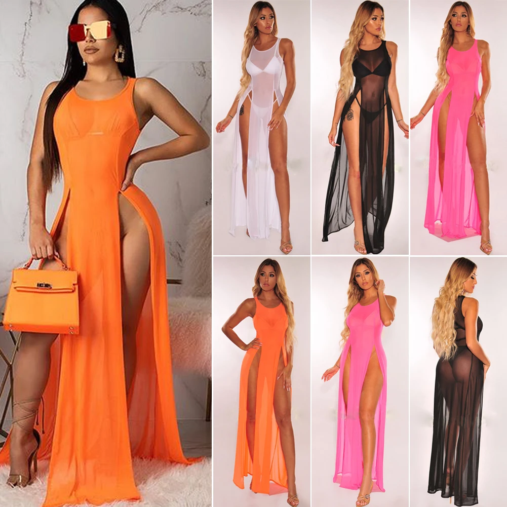 US Women Boho Long Maxi Dress Evening Party Beach Split Dresses Summer Sundress | Женская одежда