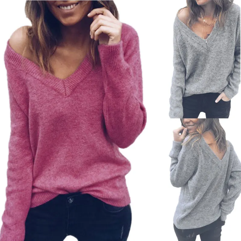 2019 autumn and winter new woolen large V-neck long-sleeved Sweater top female Solid Colors Loose Female Sweaters | Женская одежда