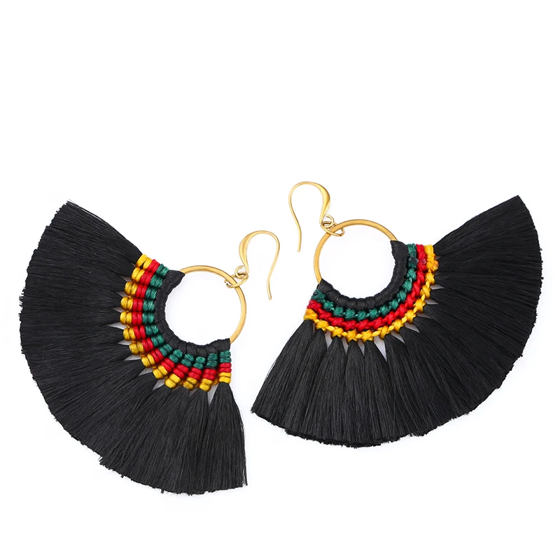Флола 13 цветов сережки с кисточками Boho большой вентилятор синий бахрома серьги женские oorbellen модные ювелирные изделия пендиентс fecos ersk37 - Окраска металла: Black