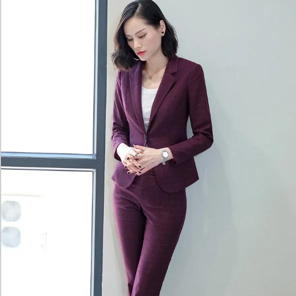 

Office Ladies Autumn Two Piece Pant Suit Women Black Navy Blue Red Plaid Blazer Set Womens Work Wear Trouser Suit Formal Outfit