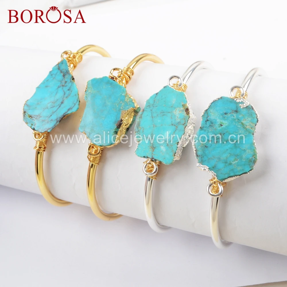 

BOROSA 3PCS Handmade Wire Wrapped 100% Natural Turquoises Bangle fashion Natural Blue Howlite Bracelet Jewelry for Women G1662