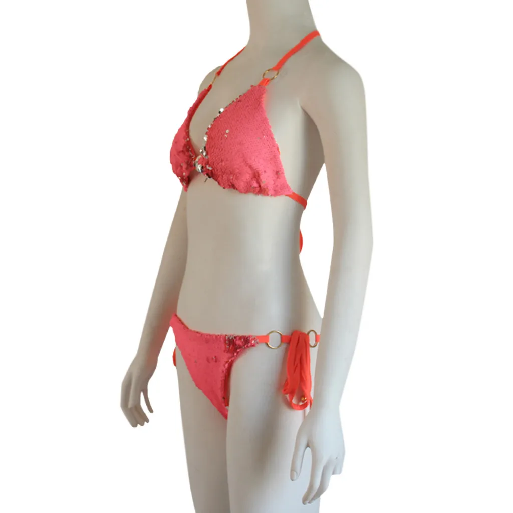Hot Pink Сексуальный комплект бикини с блестками, стразы, жилет с кристаллами, пуш-ап купальник, популярный яркий бандаж на шнуровке, пляжная одежда, Ropa De Bano# Y1 - Цвет: Hot Pink