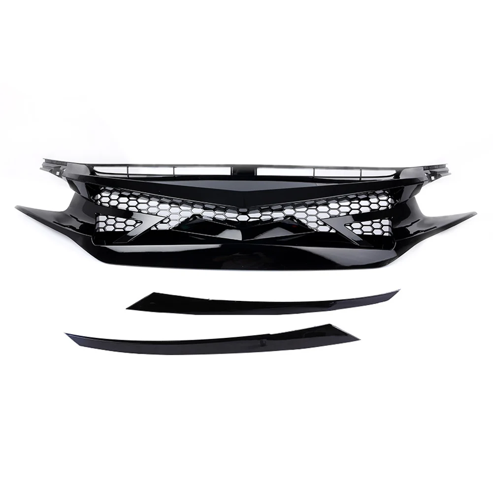 Auto Car Mesh Front Hood Grille+ Front Bumper Cover Lip For Honda Civic All Models Glossy Black