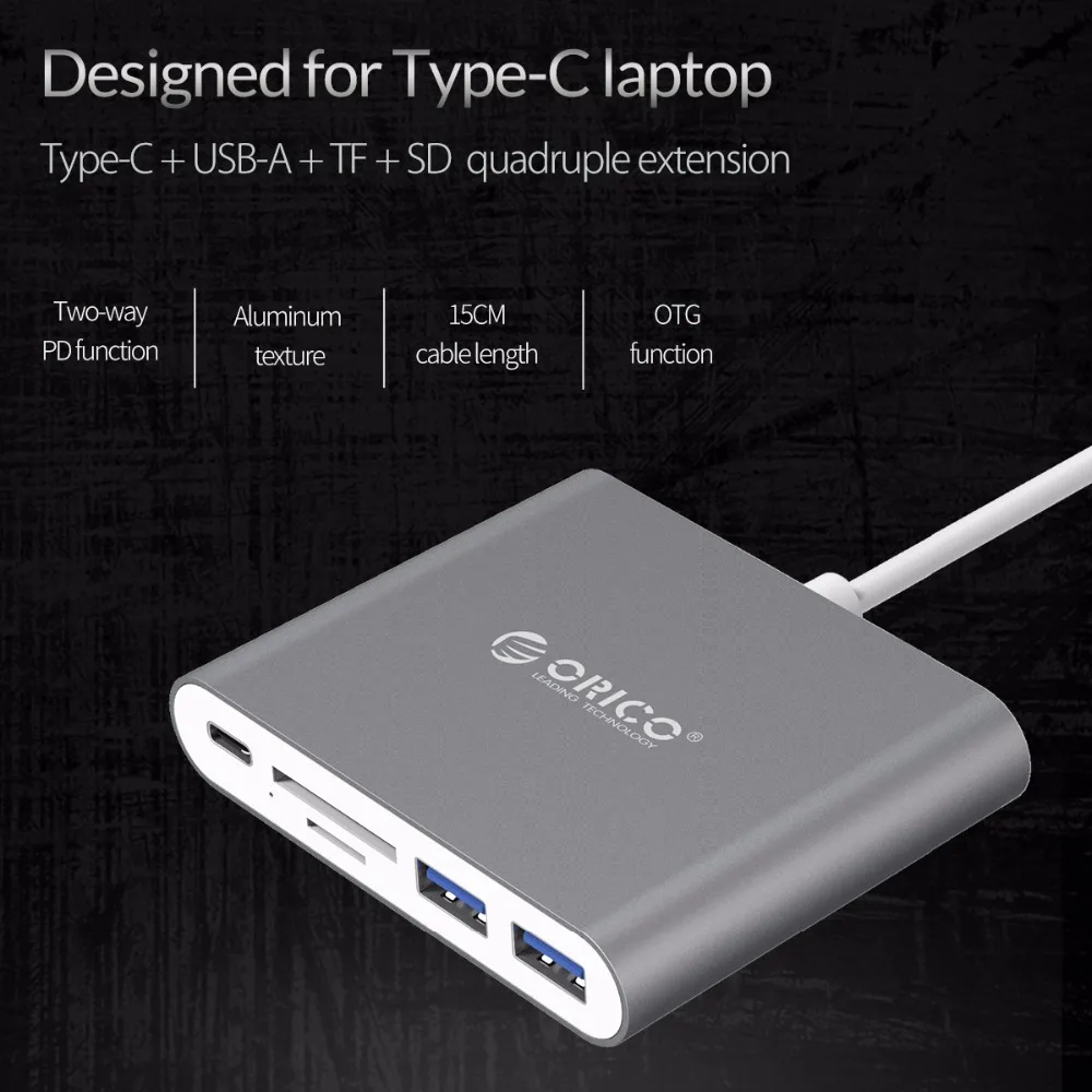 Алюминиевый Концентратор ORICO Type C с кардридером USB3.1 Gen1 2 портами USB 3 0 поддержка