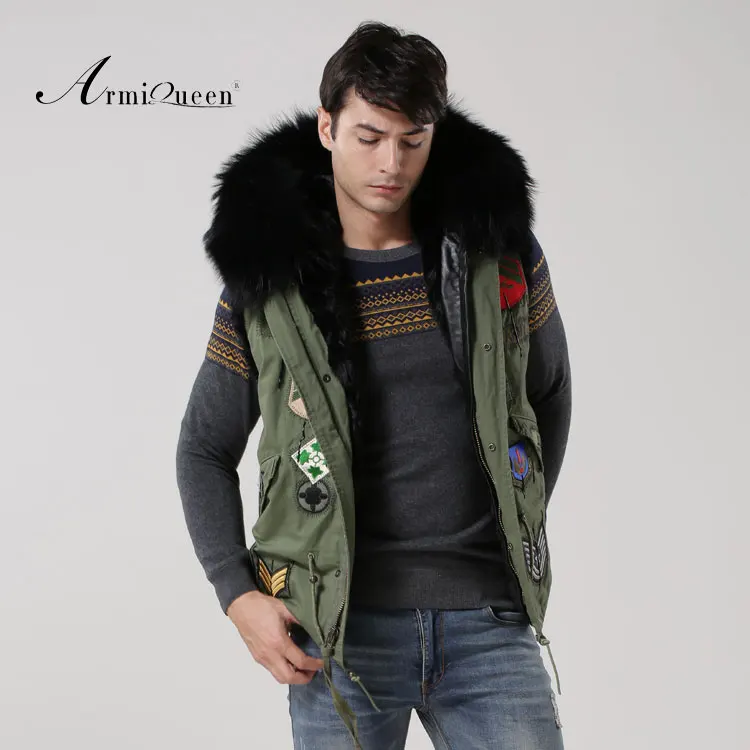 

New Fashionable fur big hooded Vest jacket men badge beading winter fur vest male