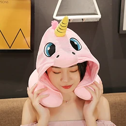 Pink unicorn Мультяшные животные u-образная подушка для шеи с капюшоном для путешественников, машины, самолета, детей, взрослых, Розовый Единорог, кошка, Сова, свинья, Тоторо, плюшевая подушка - Цвет: Pink unicorn