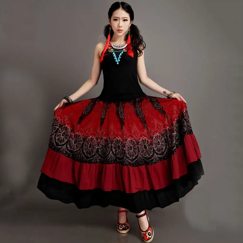 Женская Повседневная юбка с широким подолом черно красная винтажным принтом в