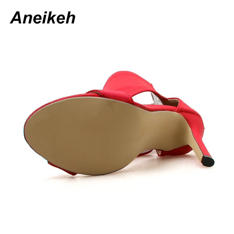 Aneikeh/босоножки из эластичной ткани с вырезами; сезон лето-осень босоножки на высоком каблуке ботильоны с открытым носком обувь черного и красного цвета Размеры 35-40