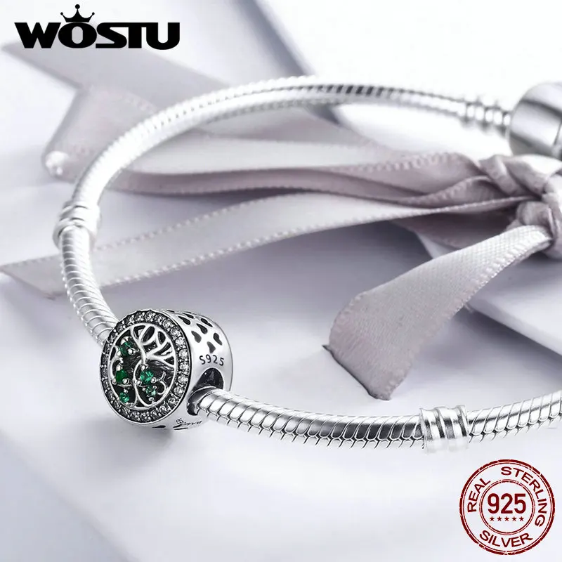 WOSTU, новинка, настоящее 925 пробы, серебряное дерево жизни, зеленые CZ бусины, подходят к оригинальному WST, браслет, ювелирное изделие, подарок CQC179