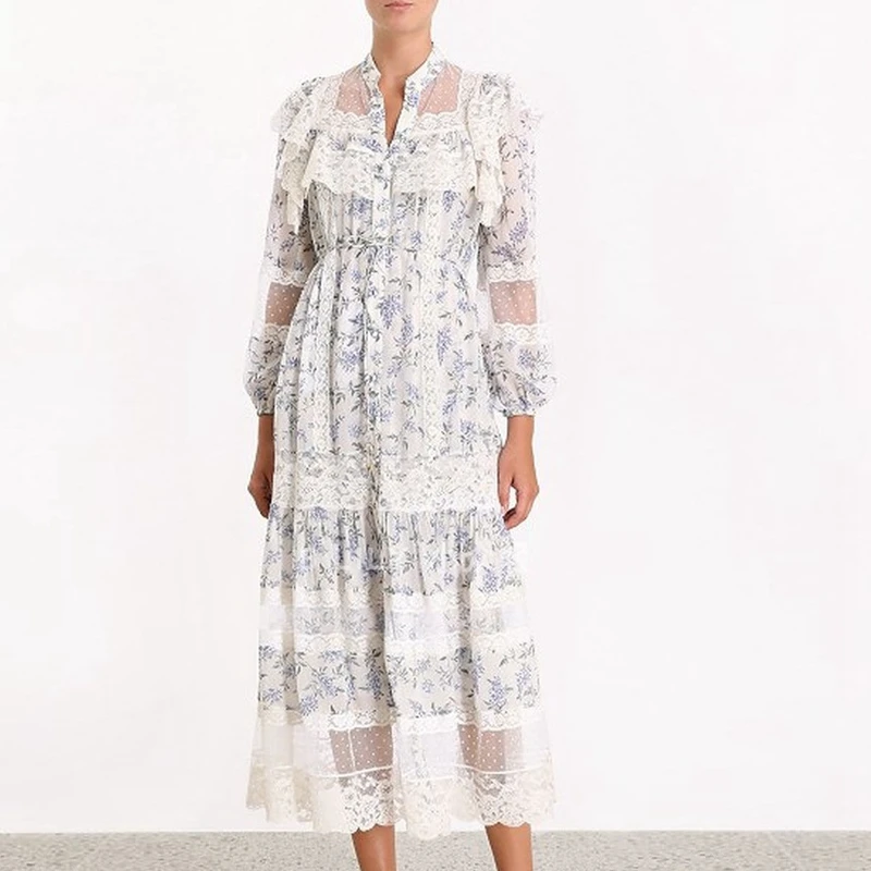 ZIM Designer Runway Summer Dress Women 2019 Lace Patchwork Flower Printed Dresses Stand Neck Puff Sleeve Two Pieces Set | Женская одежда