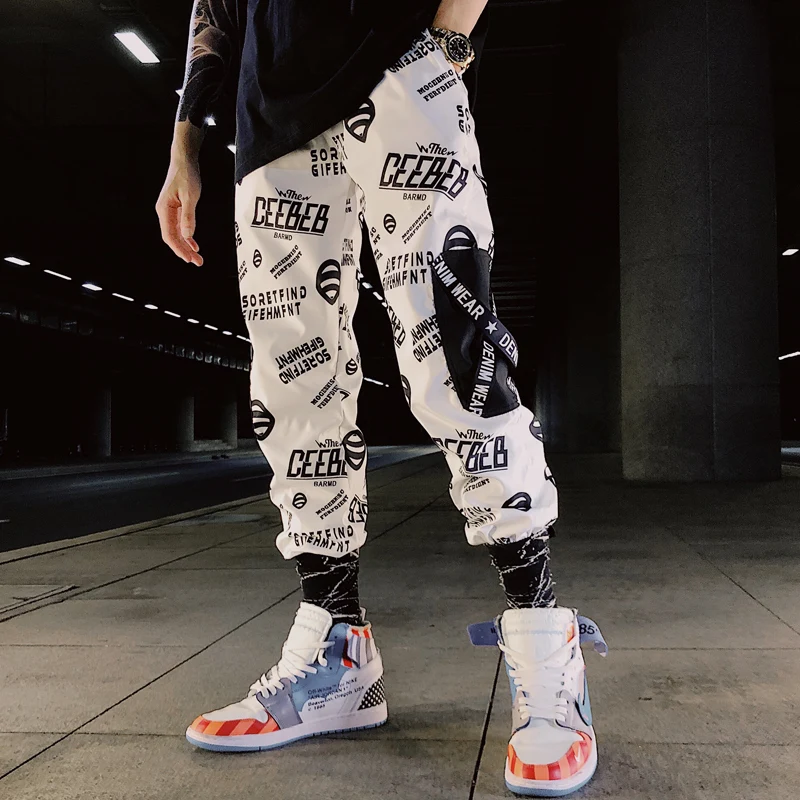 

Men pants student 2021 new spring and autumn hip hop letter trend male ankle-length pants black white Korean style n15