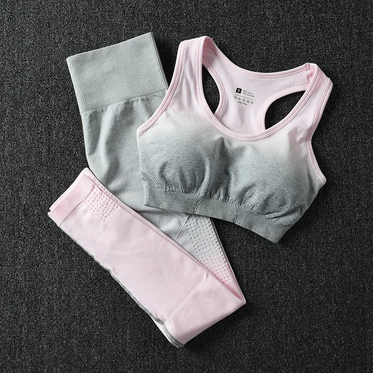 Gray Pink Комплект из 2 предметов, комплект для занятий йогой с эффектом омбре, женская спортивная одежда, спортивный бюстгальтер и леггинсы, Женская Спортивная одежда для занятий спортом, Женский костюм для фитнеса - Цвет: Gray Pink