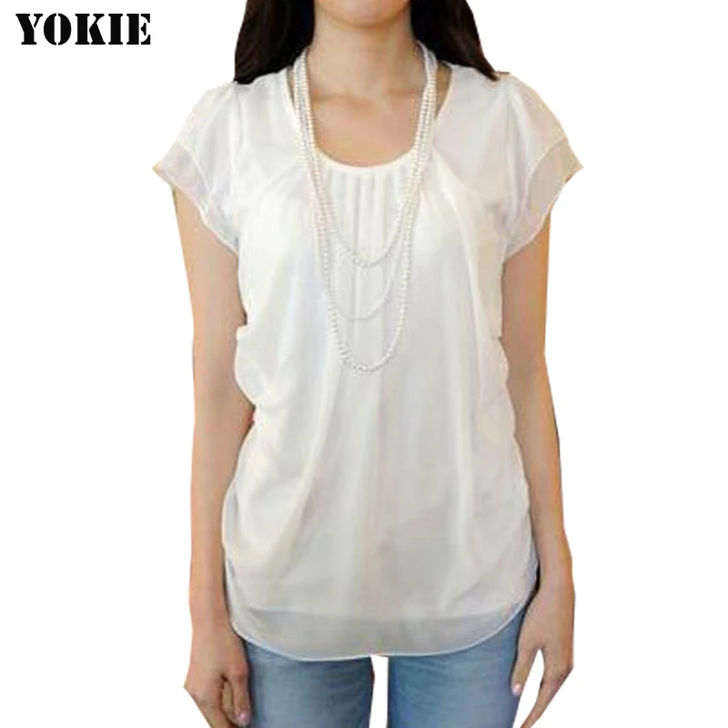 Женские блузы шифоновые рубашки однотонные с коротким рукавом бабочкой