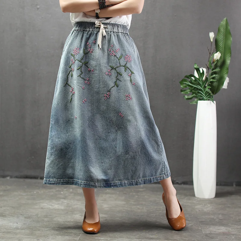 Summer national style retro embroidery powdered washed women denim skirt female elastic waist large size skirts long girl | Женская
