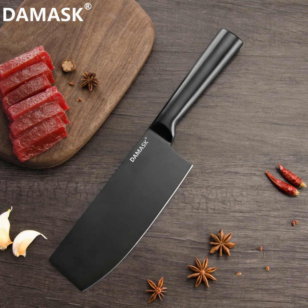 Дамасская нержавеющая сталь рубящий нож Черный острый 4cr14 лезвие Нескользящая