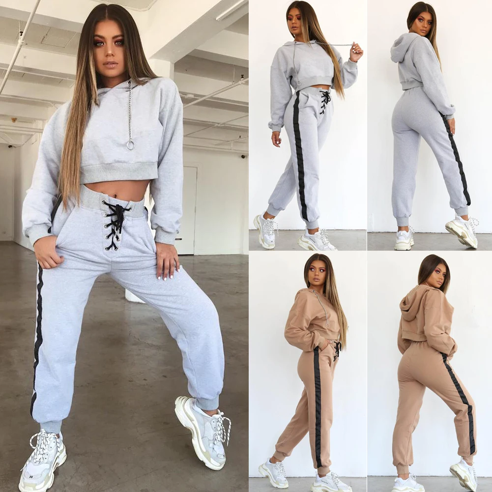 Женский спортивный костюм однотонный топ с капюшоном + штаны одежда для