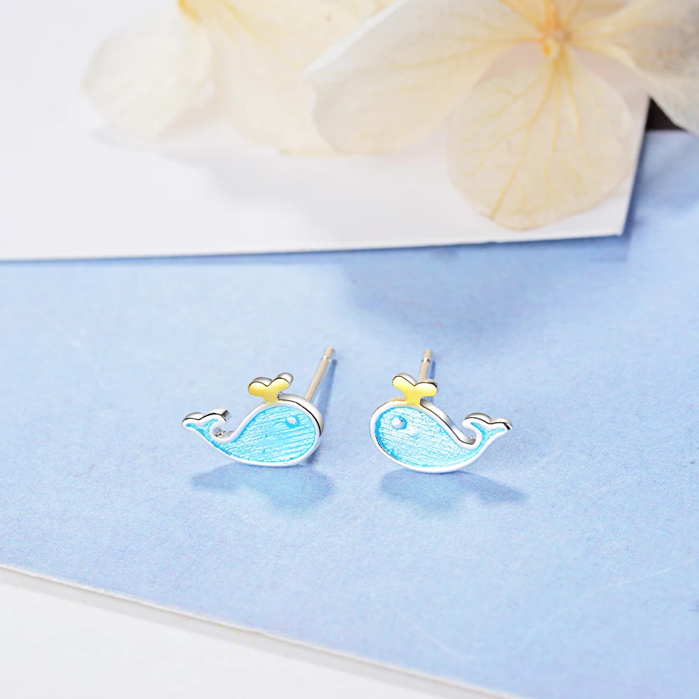 Cute Little Blue Whale Earrings 925 Sterling Silver Marine Animal For Women Girl Gift Boucle D'oreille S-e646 | Украшения и