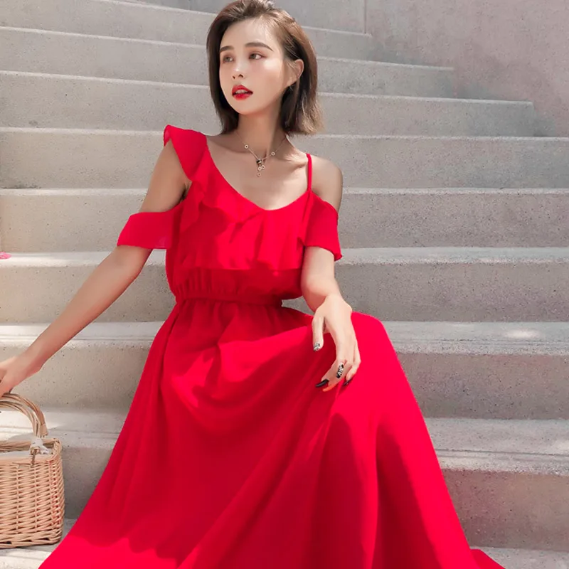 Summe Women Dress 2019 Sexy Bodycon Elegant Boho Maxi Vintage off shoulder v neck beach Casual Club party night Long Red | Женская