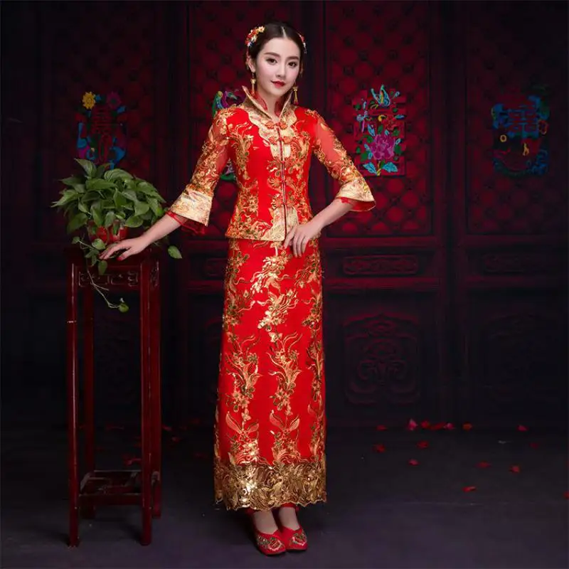 Плюс размеры S-3XL Азиатский Свадебные Qipao красный Традиционный китайский для Женщин Половина рукава Cheongsam древних свадебное платье тост