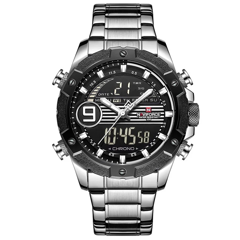 Silver Black Топ люксовый бренд NAVIFORCE мужские спортивные часы мужские кварцевые цифровые аналоговые часы мужские модные полностью стальные водонепроницаемые наручные часы - Цвет: Silver Black