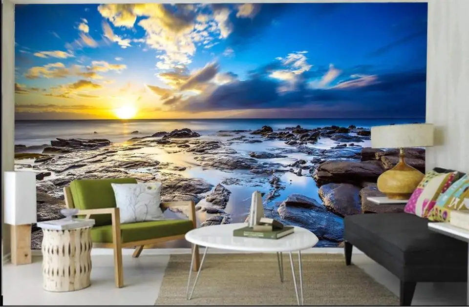 Пользовательские 3d фото обои кровать комната росписи sunglow море рок пейзаж