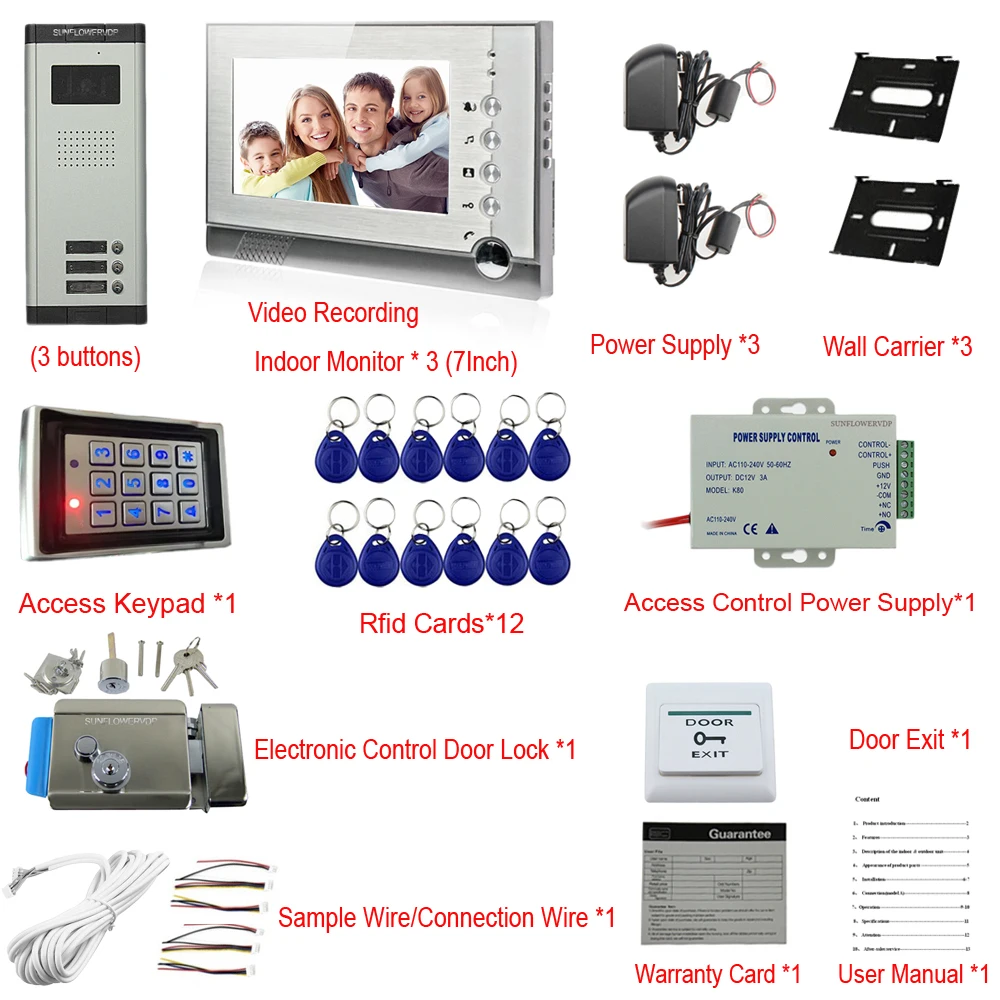 3 Apartments Video Intercom Monitor Support Take Photos/Video Recording Video Call For Door Access Keyboard Rfid Code Function