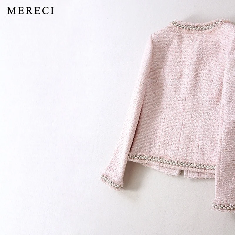 Элегантный женский милый светильник, розовый твидовый жакет, Casaco Feminino, модная женская куртка на весну и осень, куртка с бисером, Jaqueta Feminina Y097