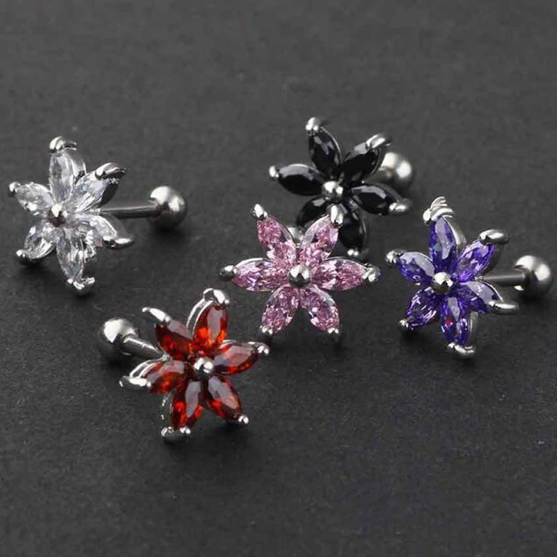 1 Piece Gold Silver Surgical Stainless Steel Earring Stud Punk Love Flower Zircon Ear Tragus Piercing Crystal Rose For Men Women | Украшения