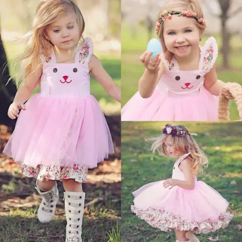 2018 New Kid Girls Halter Pink Tutu Dress Rabbit Princess Baby Girl Cute Bunny Floral Tulle Summer Chidlren Clothes | Детская одежда и