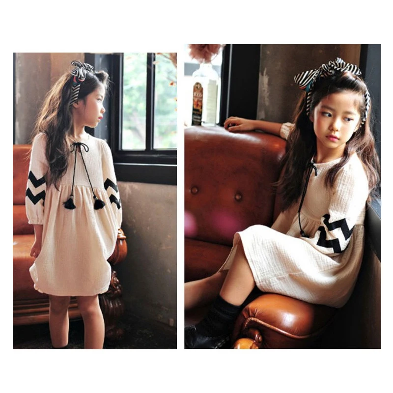 korean style tassel spring fall baby teens girls cotton dress kids princess costume 3-12 yrs toddler vintage party frocks | Детская