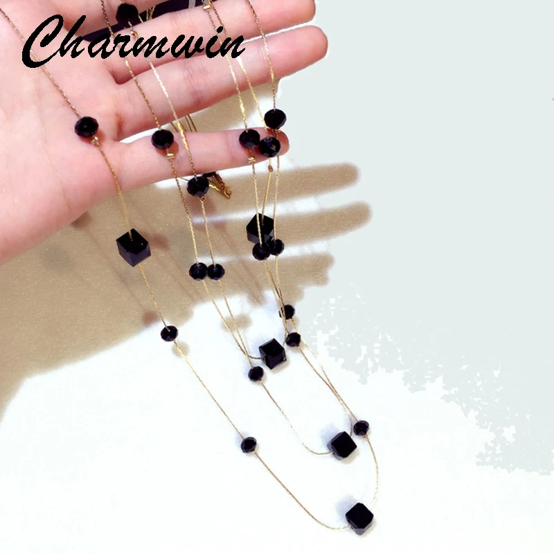 Женское длинное ожерелье Charmwin черная цепочка с кристаллами PN341 | Украшения и