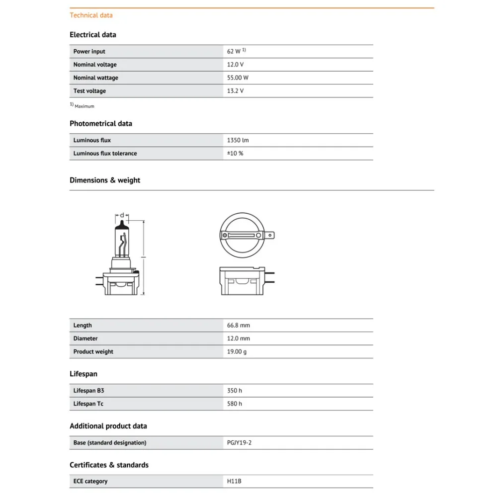 OSRAM H11B 12 В 55 Вт 64241 PGJY19-2 3200 к Стандартная автомобильная лампа для замены фар OEM качественная лампа Германия(одинарная