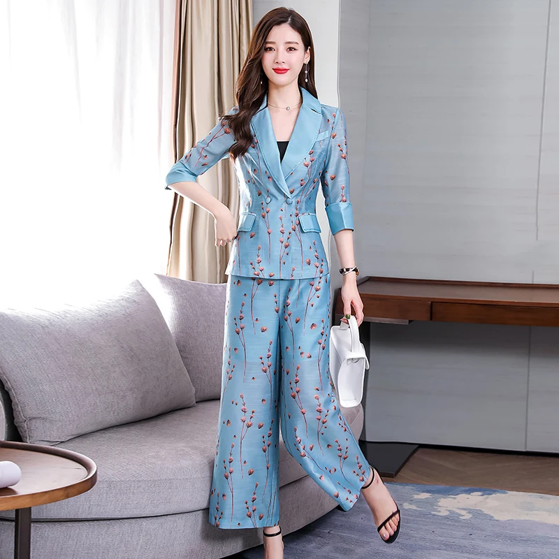 

summer Pant Suits fashion woman Print suit Set female professional wear overalls two-piece fashion OL Office Lady Pant Suits