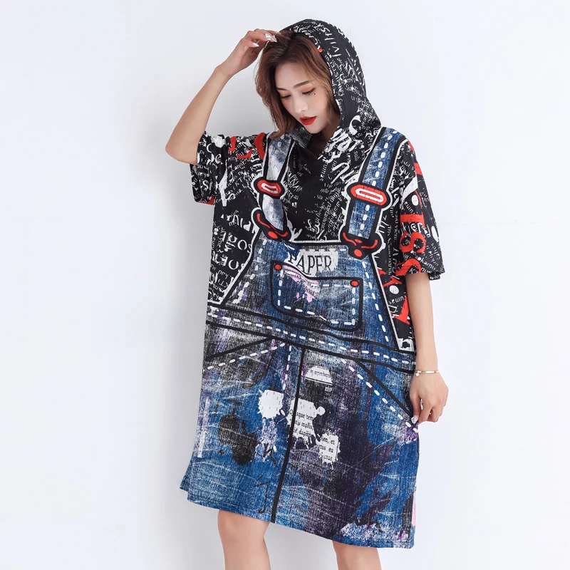 2019 летнее новое платье большого размера женское длинное свободное с капюшоном и