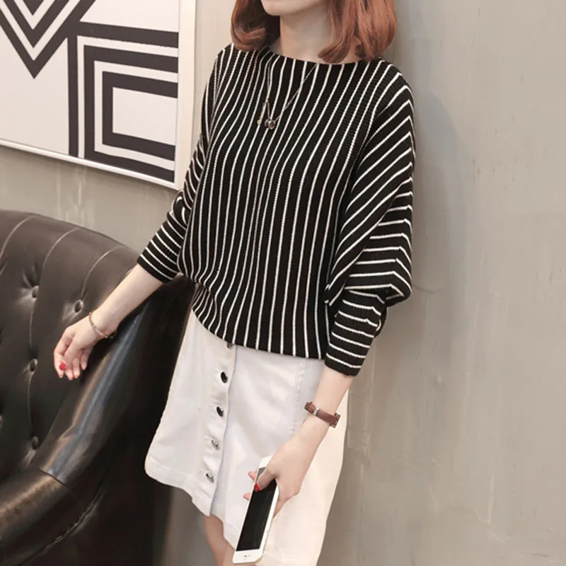 2021 Autumn Sweater Women Pullover Knitted Striped Batwing Fashion Loose Pullovers Knitwear Black Ladies Fall Sweaters | Женская одежда
